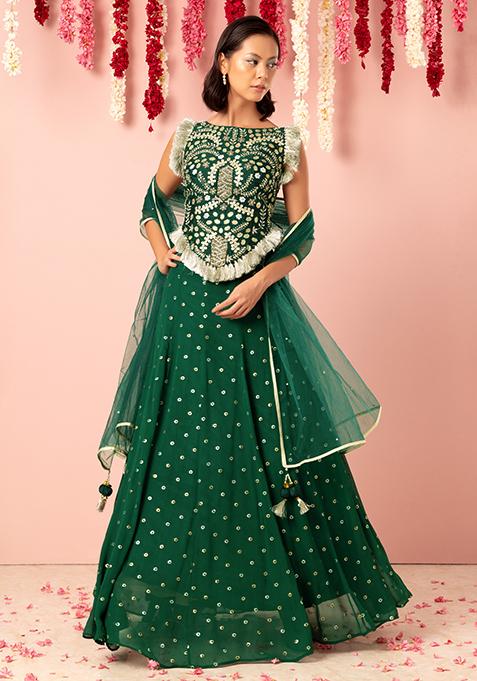 Dark Green Lehenga Set With Gota Embroidered Tasselled Blouse And Dupatta