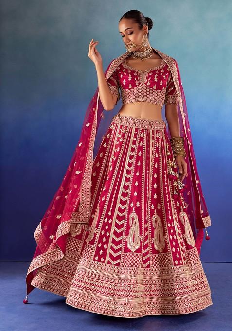 Red Paisley Zari Embroidered Bridal Lehenga And Blouse Set With Dupatta And Belt