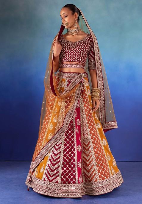 Multicolour Sequin And Thread Embroidered Bridal Lehenga Set With Maroon Blouse And Dupatta