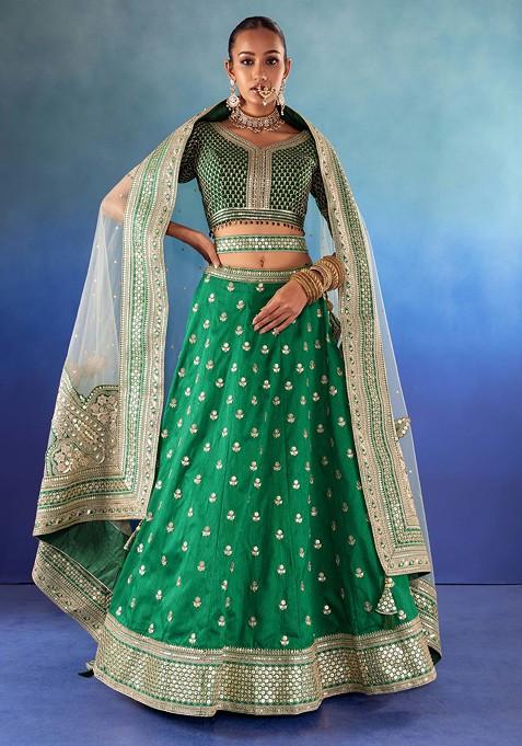 Forest Green Sequin Zari Embroidered Lehenga And Blouse Set With Dupatta And Belt