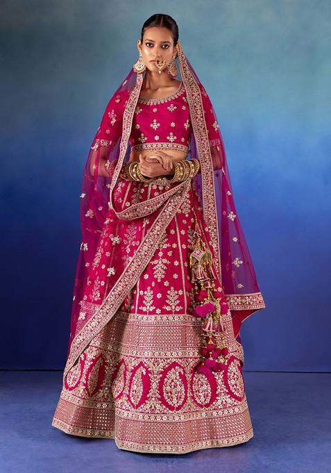 Rani Pink Sequin Zari Embroidered Silk Lehenga Set With Embroidered Blouse And Dupatta