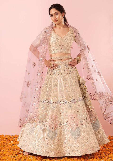 Off White Sequin And Swarovski Embellished Bridal Lehenga Set With Blouse And Dupatta