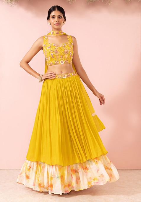 Yellow Digital Print Lehenga Set With Floral Embellished Blouse And Dupatta