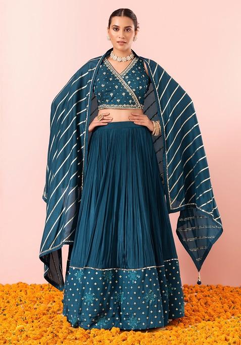 Teal Silk Lehenga Set With Floral Sequin Embroidered Blouse And Dupatta 