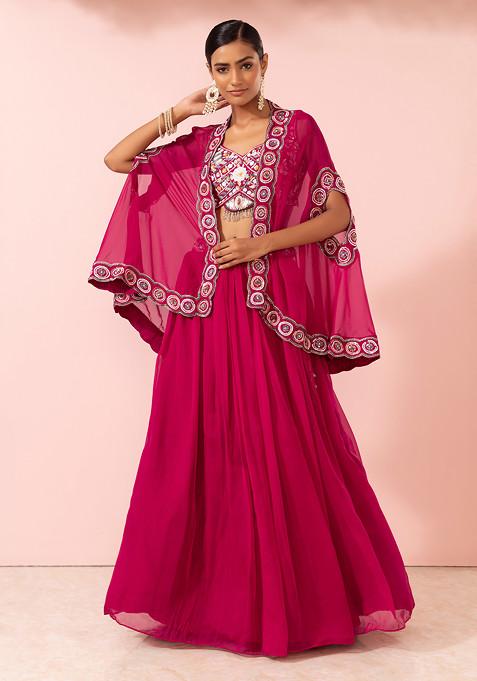 Dark Pink Organza Lehenga Set With Sequin Embellished Blouse And Jacket