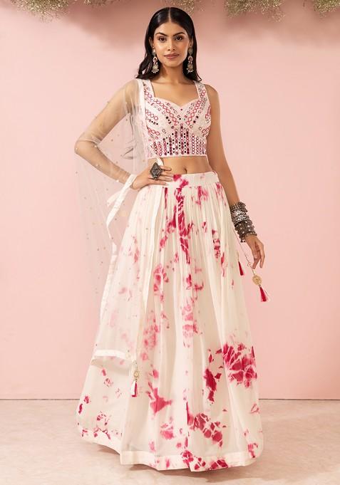 Off White Tie And Dye Print Lehenga Set With Embroidered Blouse And Dupatta