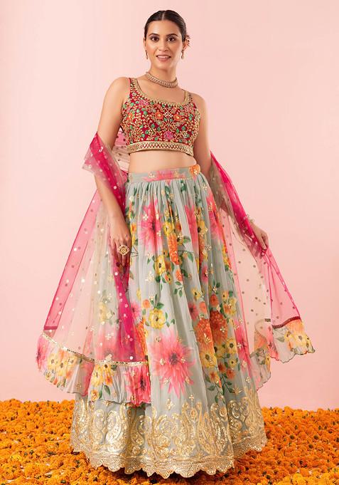 Sage Green Floral Print Embroidered Lehenga Set With Contrast Blouse And Ombre Dupatta