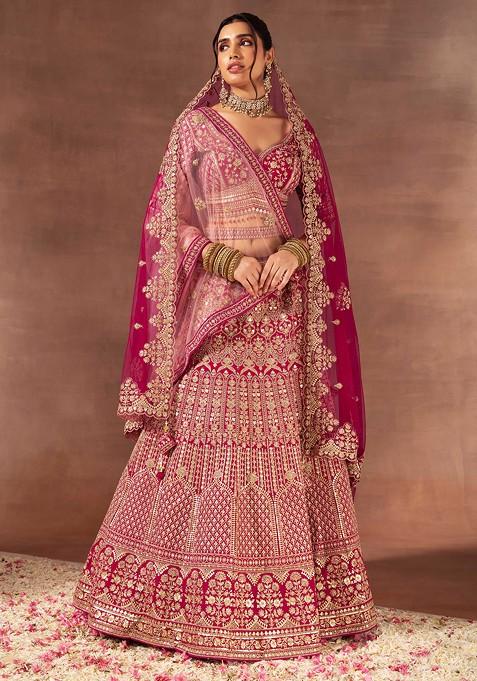 Fuchsia Pink Zari Mughal Embroidered Bridal Lehenga And Blouse Set With Dupattas And Belt