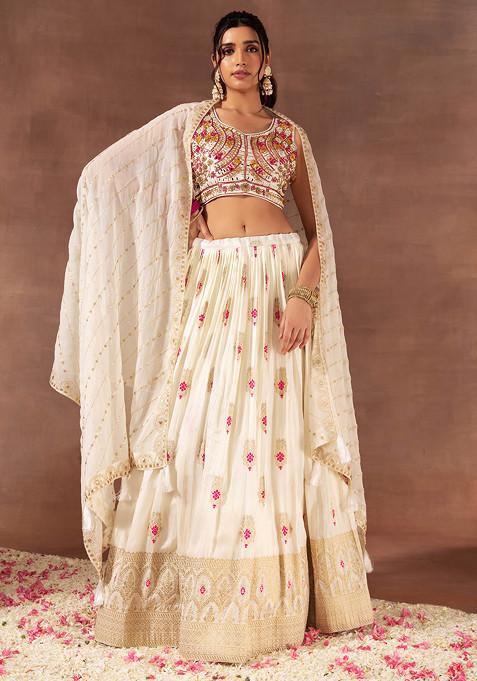 Off White Boota Embroidered Lehenga Set With Embellished Blouse And Dupatta