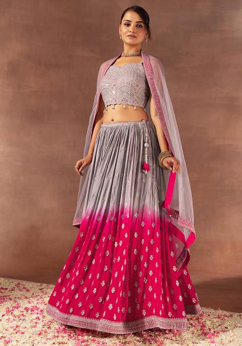 Grey And Pink Zari Embroidered Ombre Lehenga Set With Embroidered Blouse And Dupatta