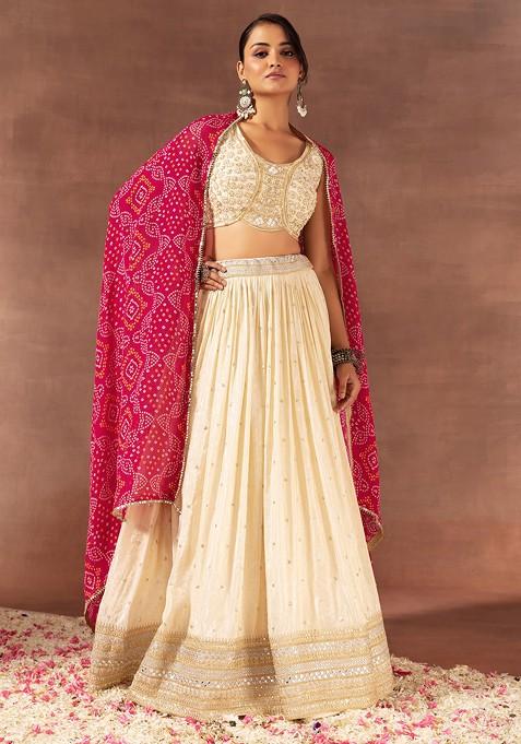 Ivory Sequin Embroidered Brocade Lehenga Set With Embellished Blouse And Dupatta