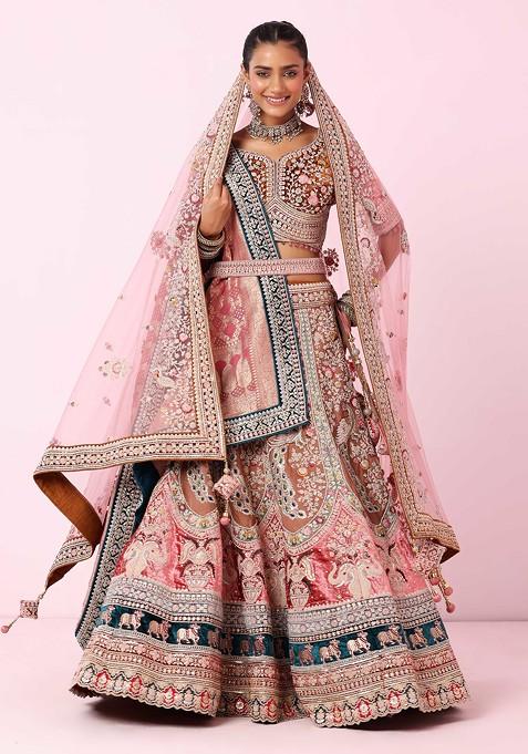 Blush Dori Embroidered Bridal Lehenga And Blouse Set With Dupattas And Belt