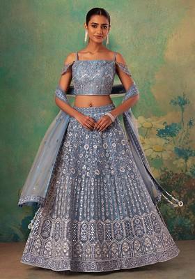 Buy Women Steel Blue Sequin Embellished Mesh Lehenga Set With ...