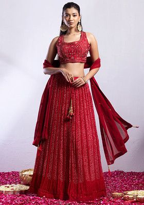 Buy Women Red Sequin Embellished Printed Lehenga Set With Floral ...