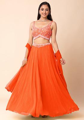 Orange Lehenga Set With Abstract Hand Embroidered Blouse And Dupatta