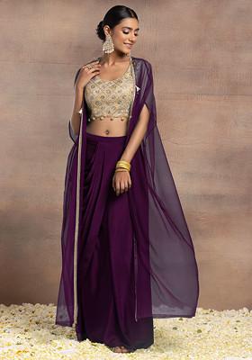 Buy Women Dark Purple Draped Lehenga Set With Gold Dori Sequin Hand ...