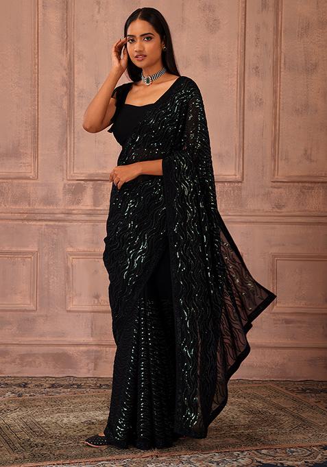 Black Sequin Embroidered Saree Set With Stitched Ruffled Blouse