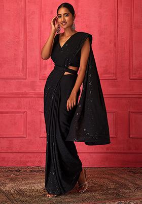 Black Georgette Swarovski Embellishments Saree  Meena Bazaar