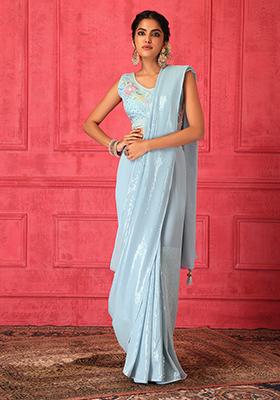 Women White And Blue Ethnic Print Saree With Atteched Blouse Piece main image 1