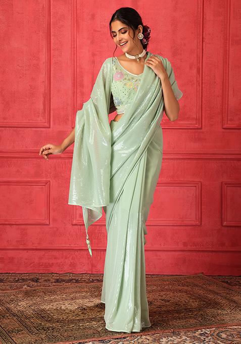 Sea Blue Sequin Embroidered Saree Set With Stitched Blouse