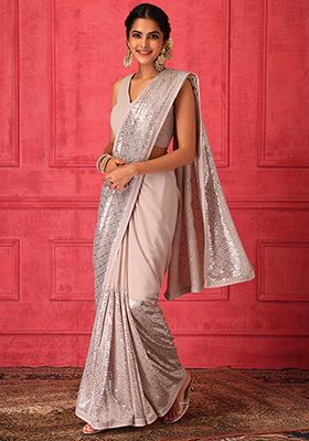 Buy Women Blush Pink And Silver Embroidered Saree Set With Stitched Blouse  - Sorbet Hues - Indya