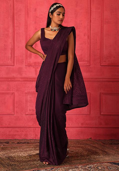 Wine Floral Embroidered Saree Set With Stitched Blouse