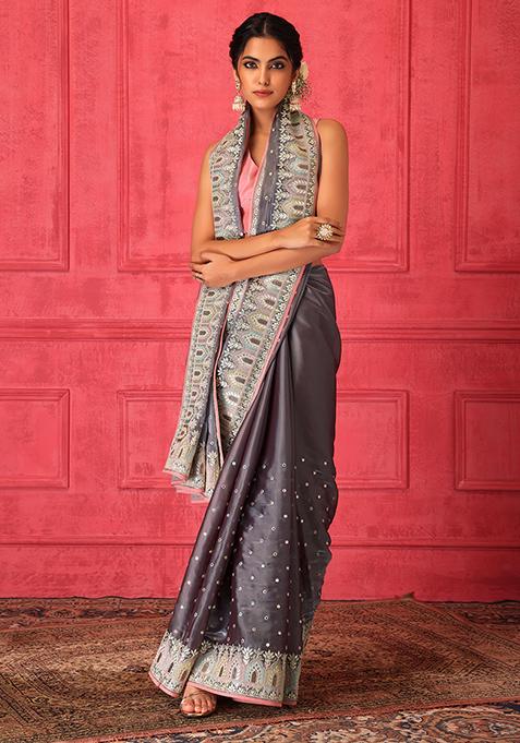 Light Purple Thread Embroidered Saree Set With Stitched Contrast Blouse
