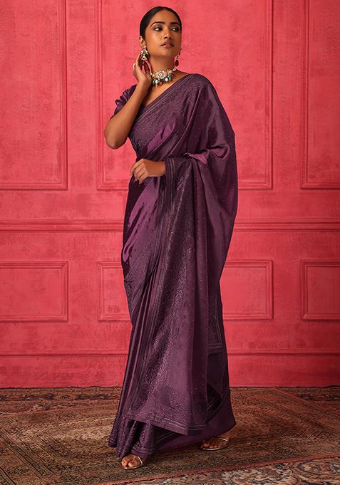Wine Embroidered Saree Set With Stitched Blouse 