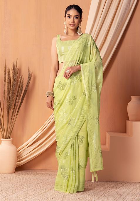 Light Green Floral Embroidered Saree Set With Blouse