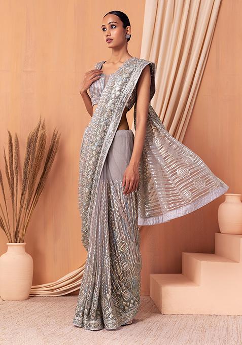 Lavender Sequin Embroidered Saree Set With Blouse