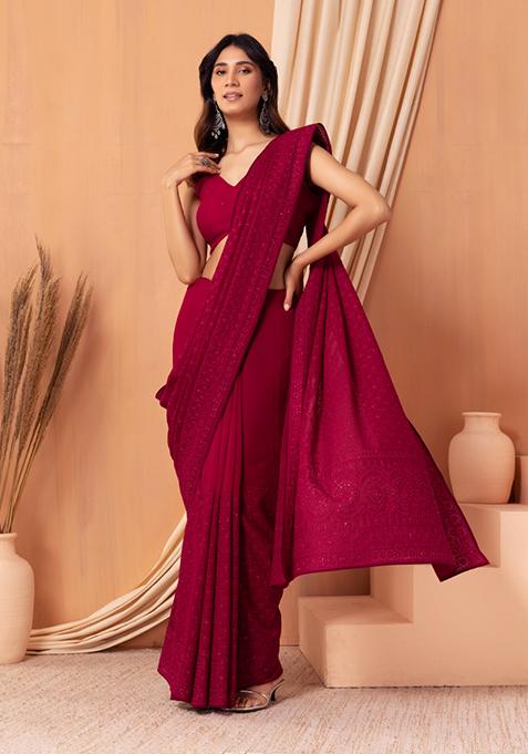Red Tonal Floral Embroidered Saree Set With Blouse