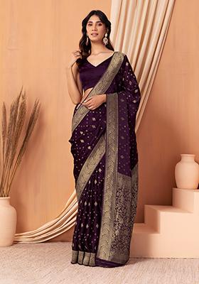 Women's Pure Cotton Golden Zari Touch Woven Purple Saree - Silk Zone