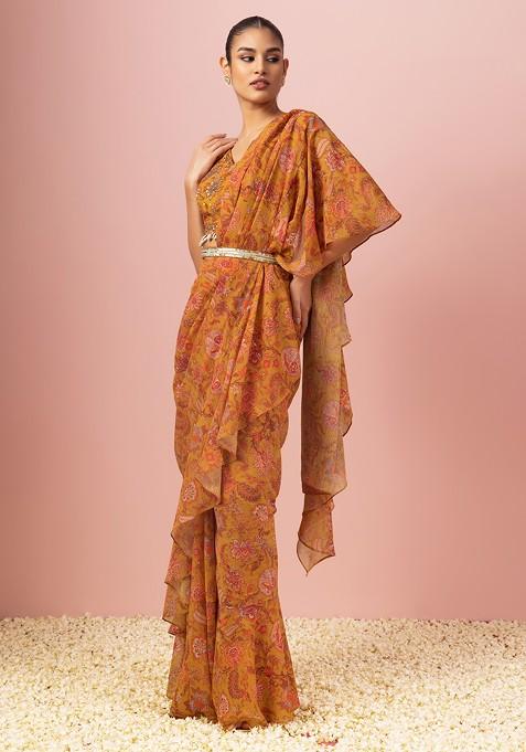 Mustard Floral Print Ruffled Pre-Stitched Saree Set With Blouse And Belt