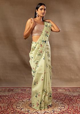 Women Green Ethnic Floral Bail Printed Saree With Atteched Blouse Piece main image 0