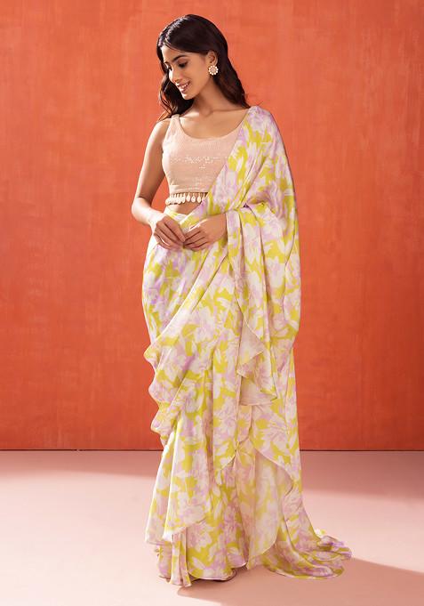 Ivory Floral Print Pre-Stitched Saree Set With Sequin Blouse