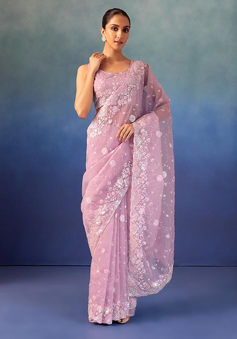 Lavender Unicorn Sequin Embroidered Saree Set With Embroidered Blouse