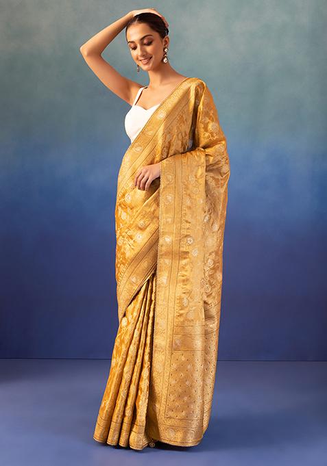 Yellow Floral Brocade Border Saree With Blouse 