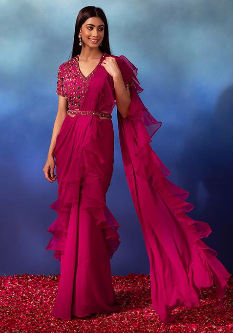 Pink Ruffled Pre-Stitched Saree Set With Stone Embellished Blouse And Belt