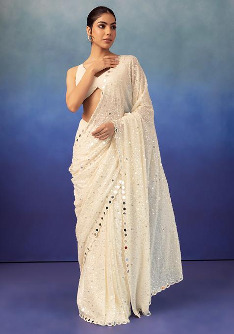 Ivory Mirror And Sequin Embroidered Saree With Blouse