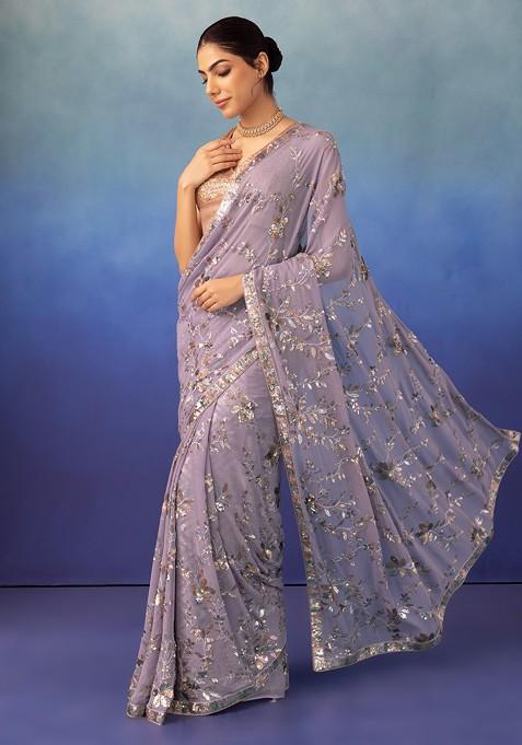 Lavender Floral Multicolour Sequin Embroidered Saree With Blouse
