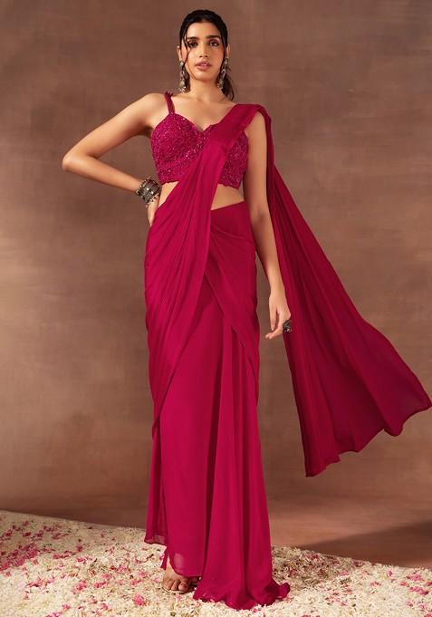 Rani Pink Pre-Stitched Saree Set With Floral Embellished Blouse
