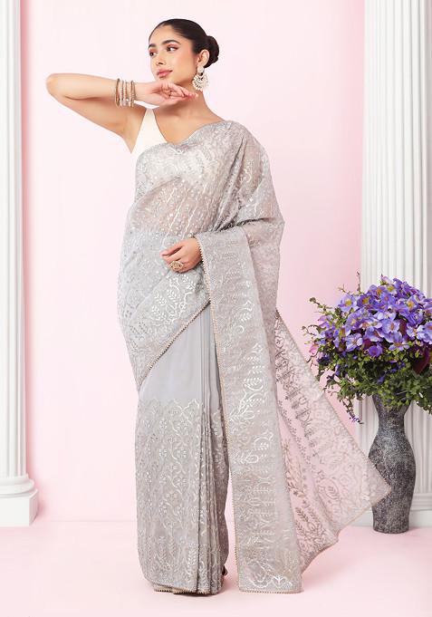 Grey Thread And Gota Patti Embellished Organza Saree With Blouse
