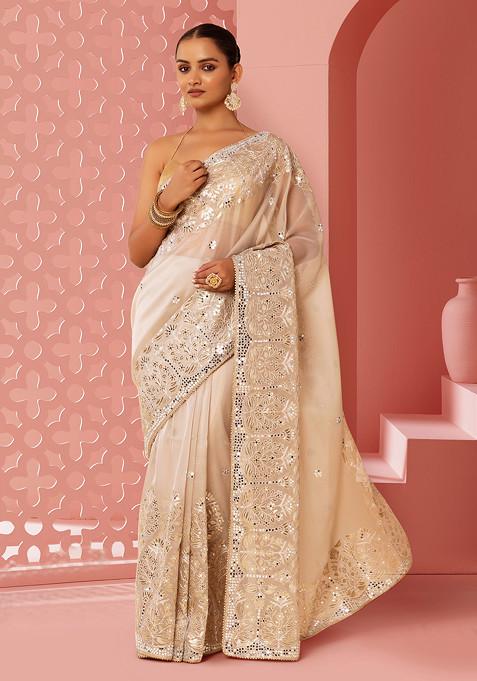 Beige Floral Boota Thread And Mirror Embroidered Saree With Blouse