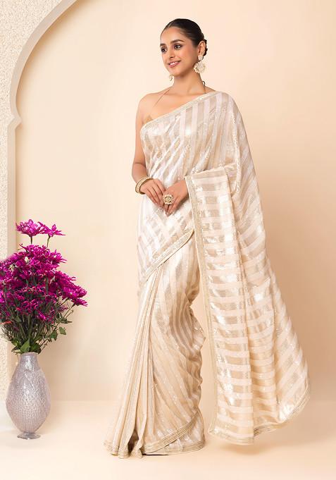 Grey Horizontal Sequin Embroidered Saree With Blouse