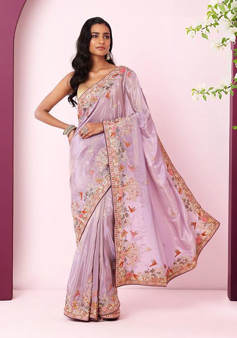 Light Grey Floral Thread Embroidered Tissue Organza Saree With Contrast Blouse