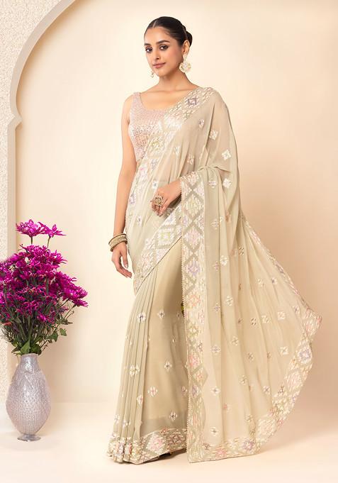 Lime Green Thread And Zari Abstract Embroidered Saree With Blouse