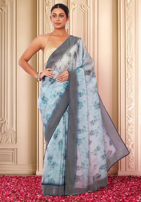 Seafoam Floral Print Organza Saree With Blouse