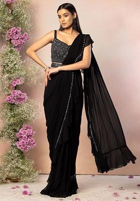 Buy Women Black Pre-Stitched Saree Set With Sequin Bead Embellished ...