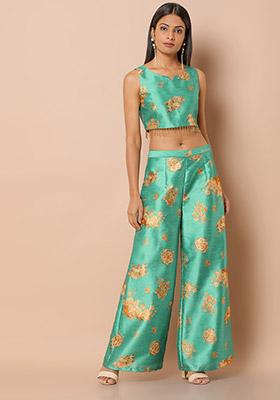 Buy Yellow Shrug With Crop Top Blouse And Palazzo Pants