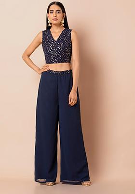 Periwinkle Blue Colour Georgette Crop Top with Palazzo Pant